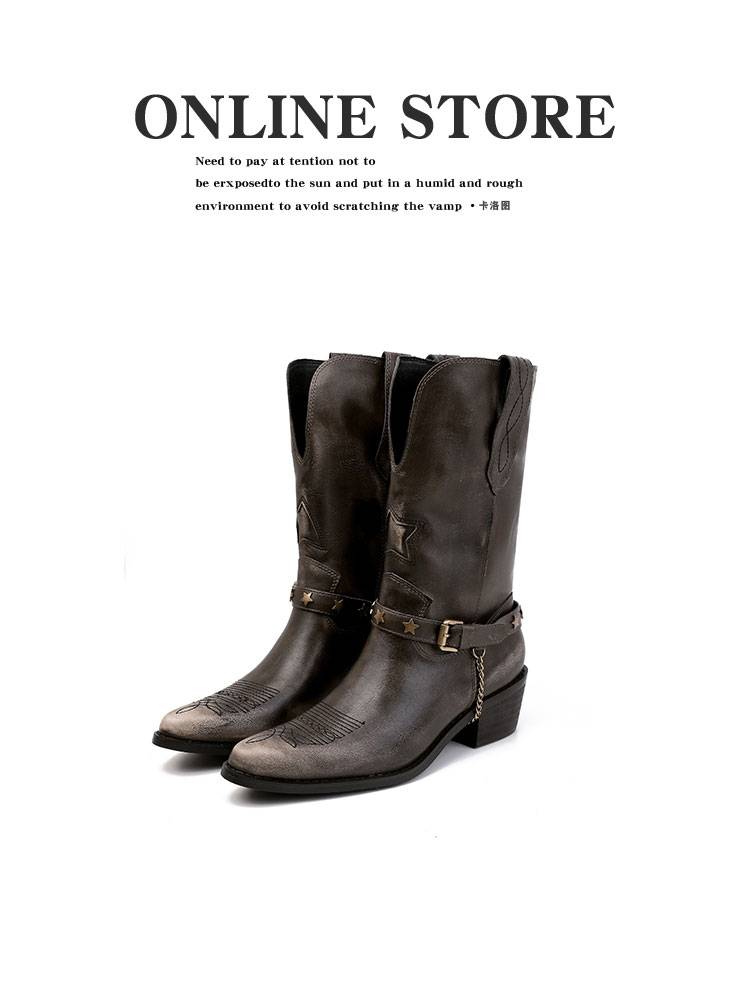 Carolt leather embroidery Western denim boots women's waste soil wind make old wipe -colored five -pointed pentagram mid -boots Martin boots