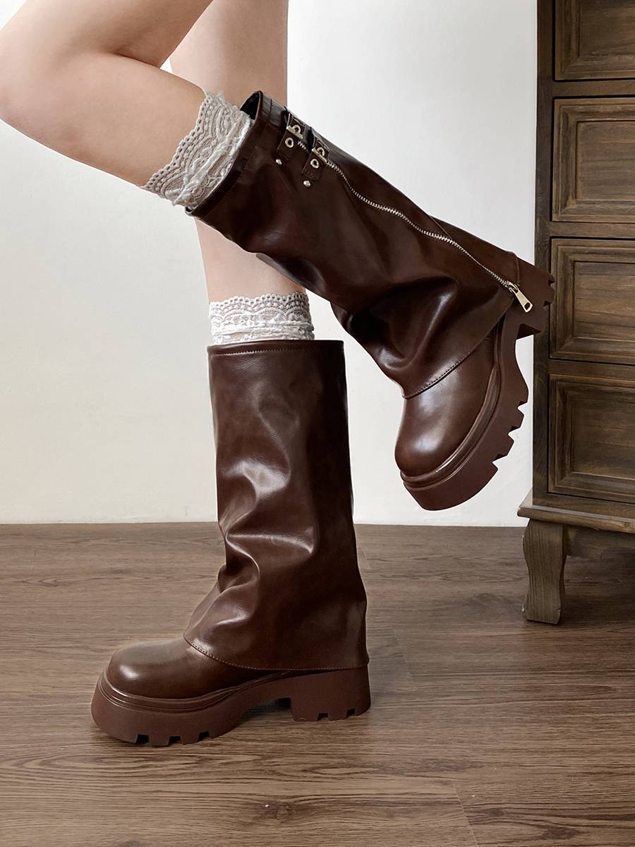 The south in the south has increased but the knee brown thick sole boots children 2024 new spring and autumn are thin and thin MM retro boots
