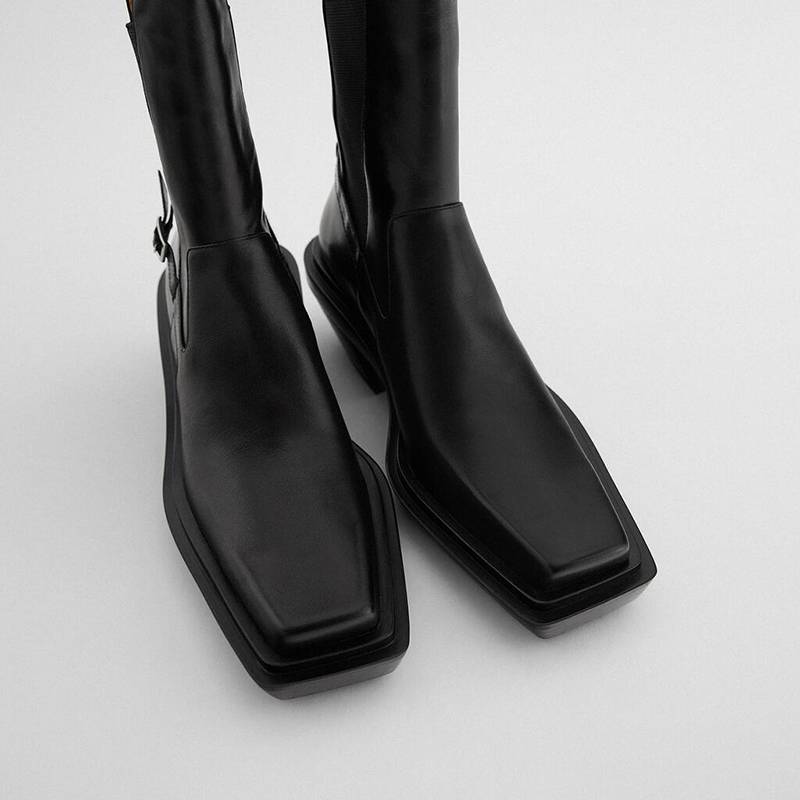 ZA2024 new square -headed denim high -heeled short boots wild British cigarette tube Chelsea boots leather Martin boots