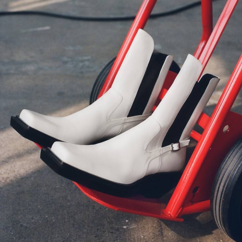 ZA2024 new square -headed denim high -heeled short boots wild British cigarette tube Chelsea boots leather Martin boots