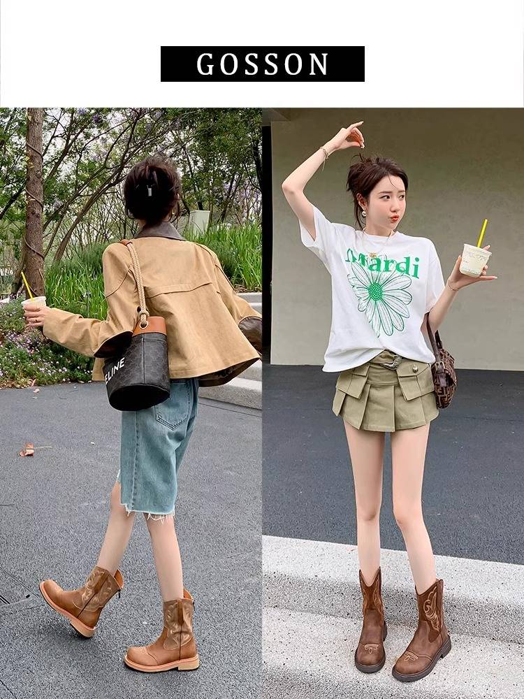 Leather retro British tourist wearing western boots embroidered knight boots, boots, female Martin boots, Martin Summer