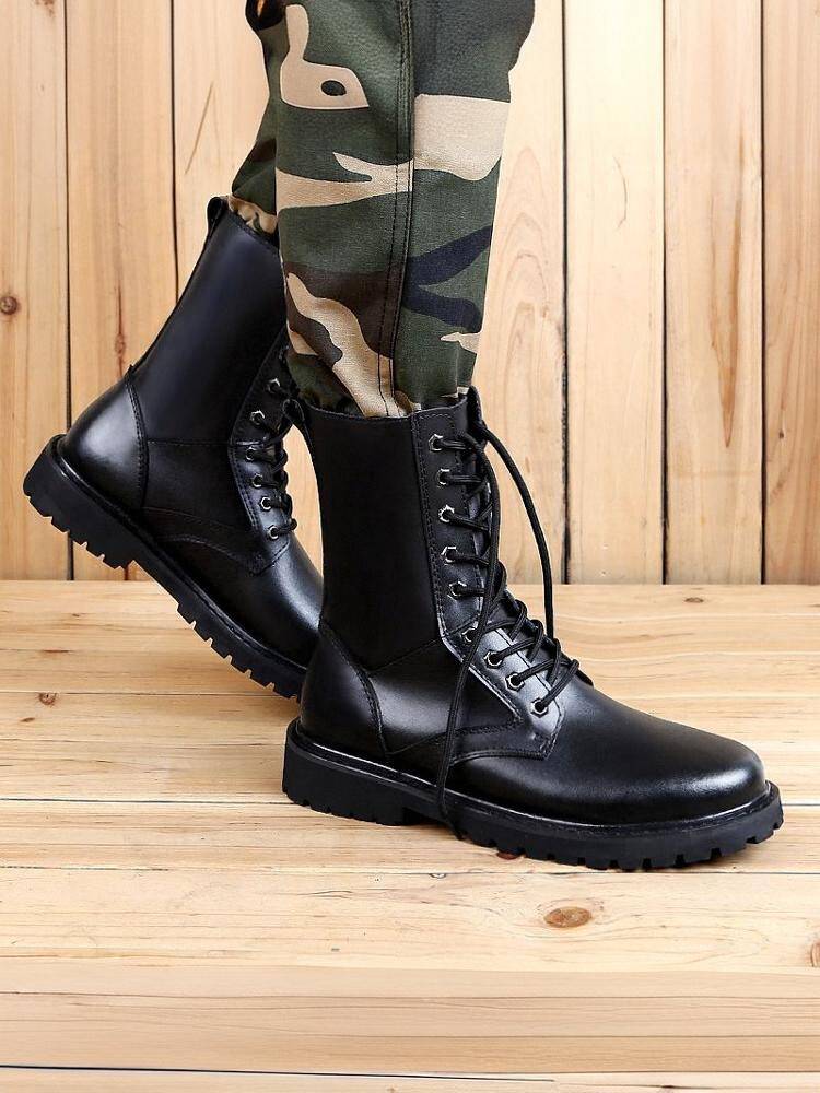 Summer breathable leather male army hook Martin boots high -top British style men's winter plus velvet shoes combat boots