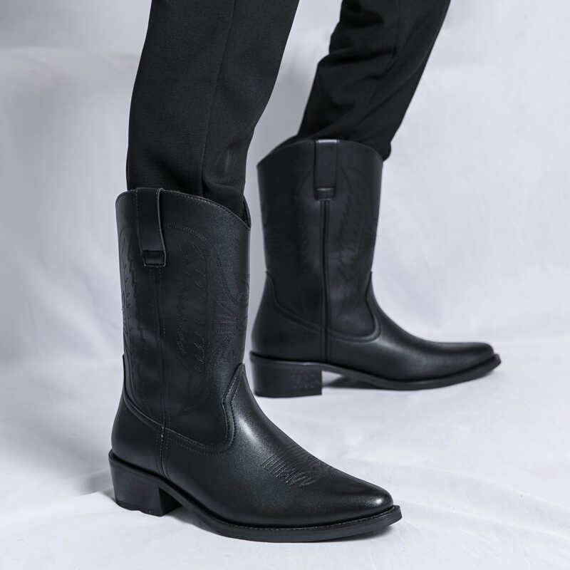 American retro Martin boots Men's autumn and winter western denim workers' bangs embroidered long -heel high heights high -top riding boots