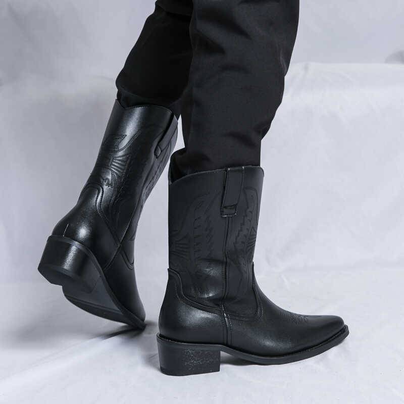 American retro Martin boots Men's autumn and winter western denim workers' bangs embroidered long -heel high heights high -top riding boots