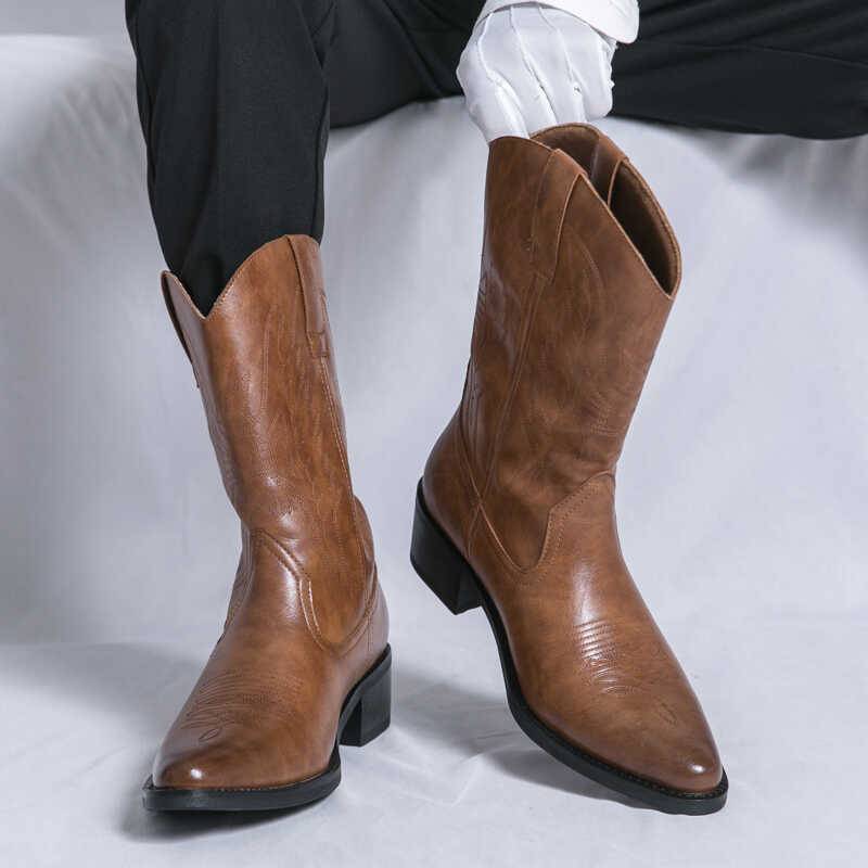 American retro Martin boots Men's autumn and winter western denim workers' bangs embroidered long -heel high heights high -top riding boots