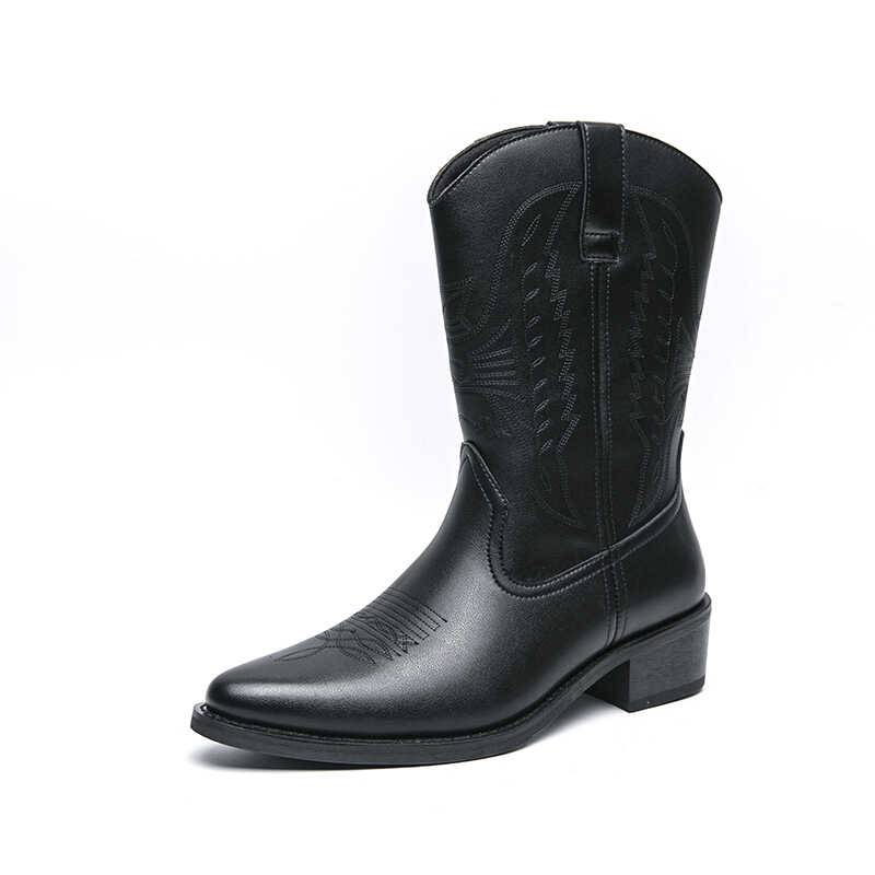 American retro Martin boots Men's autumn and winter western denim workers' bangs embroidered long -heel high heights high -top riding boots