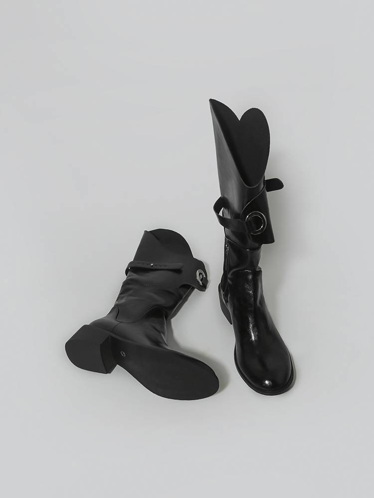 Lin Xiangwan Structuralism ~ Black boots design sense niche niche no knee knight boots, metal western denim boots