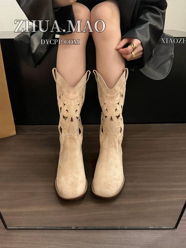 Brown Vitus Western denim boots female 2024 Summer thin Xinjiang desert Martin boots but knee knight boots
