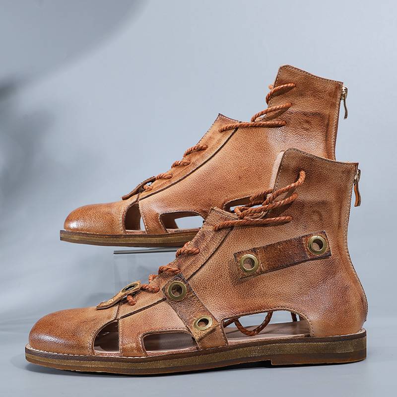 Original handmade head layer cowhide high -top Bao Toutou Roman hollow Martin boots men's leather retro sandals female summer tide