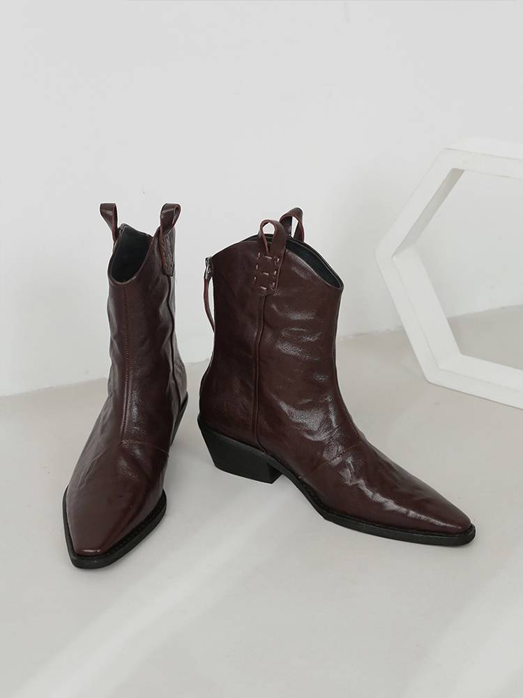 Pointed short boots female 2023 spring and autumn rough heel mid -heeled nude boots retro boots Martin boots single boots western denim boots