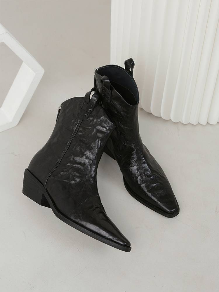 Pointed short boots female 2023 spring and autumn rough heel mid -heeled nude boots retro boots Martin boots single boots western denim boots