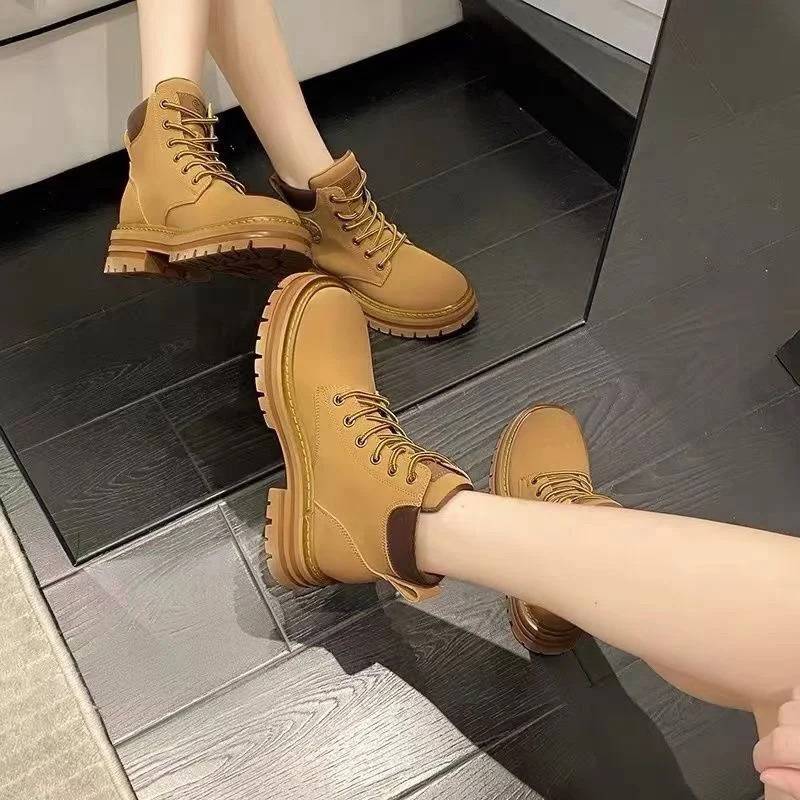 Big yellow boots Martin boots 2024 new spring and summer leather British thick bottom increase short boots to play without rotten boots
