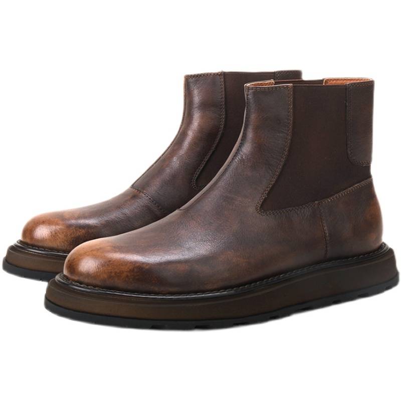 Breaking the British leather retro and thick sole, the high -footed leisure shoes, round head, making old Chelsea boots men