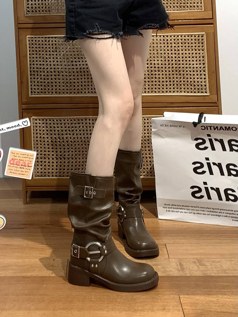American thin retro thick -heeled fashion boots female 2024 Spring and Autumn New Fashion Mid -color Pure Color West Martin Boots