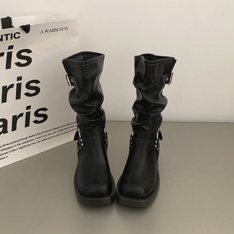 American thin retro thick -heeled fashion boots female 2024 Spring and Autumn New Fashion Mid -color Pure Color West Martin Boots