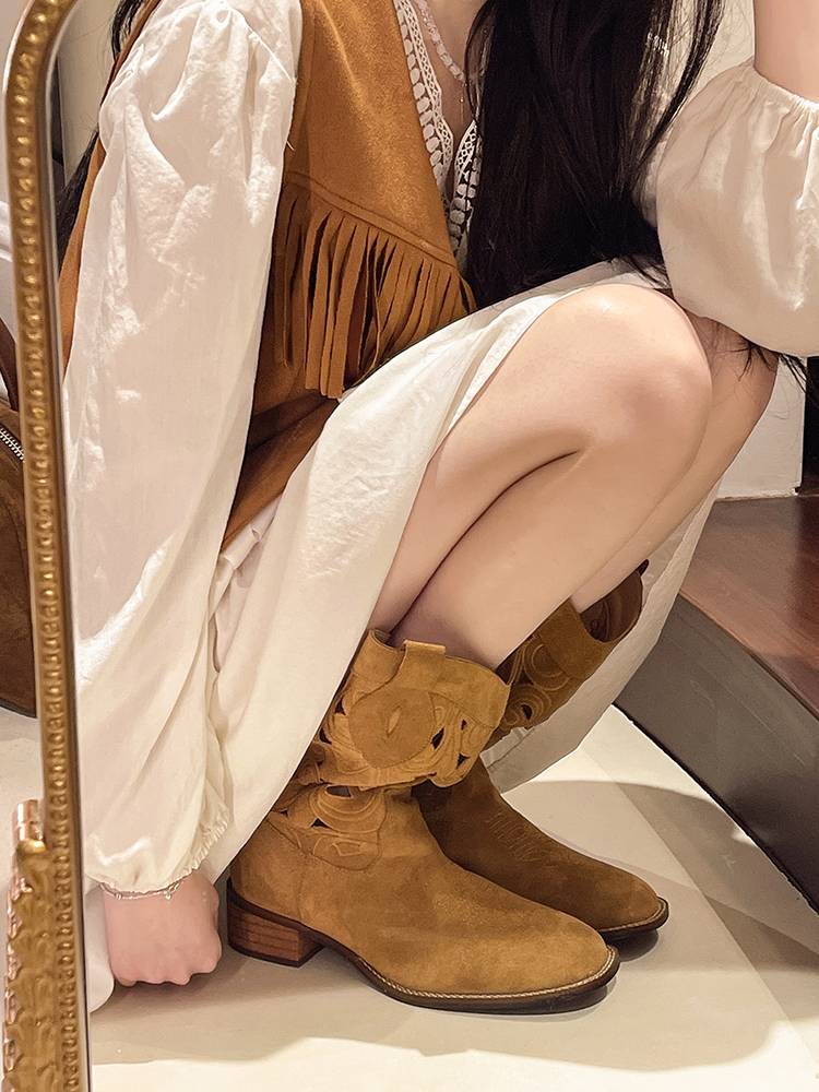 Embroidery hollow western denim boots female 2024 new summer boots square head V