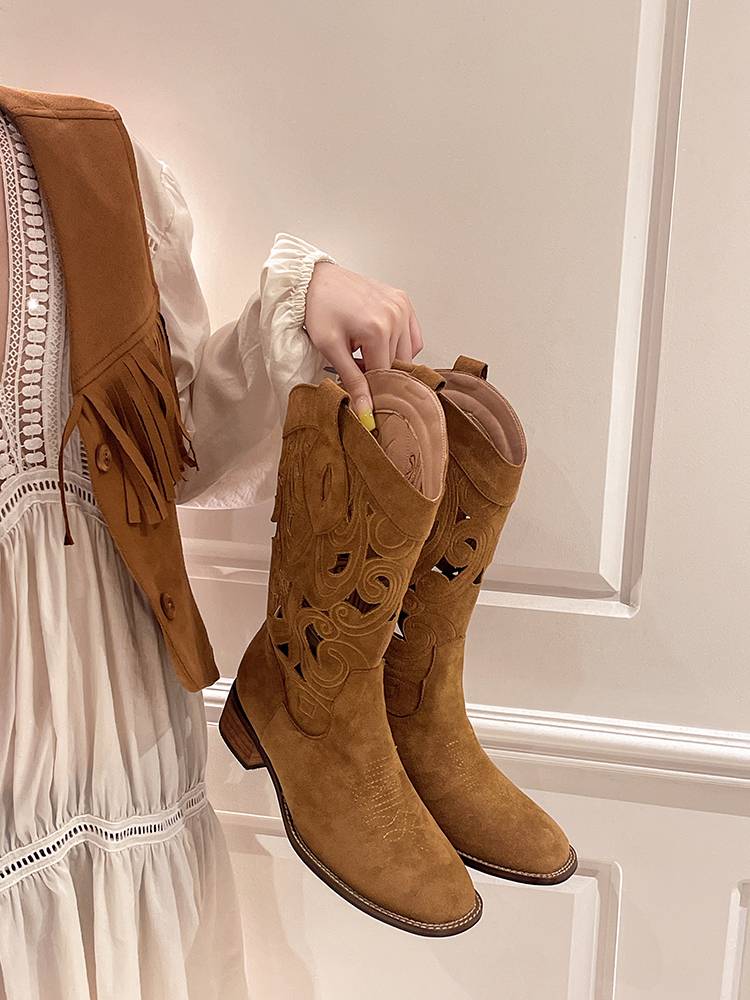 Embroidery hollow western denim boots female 2024 new summer boots square head V
