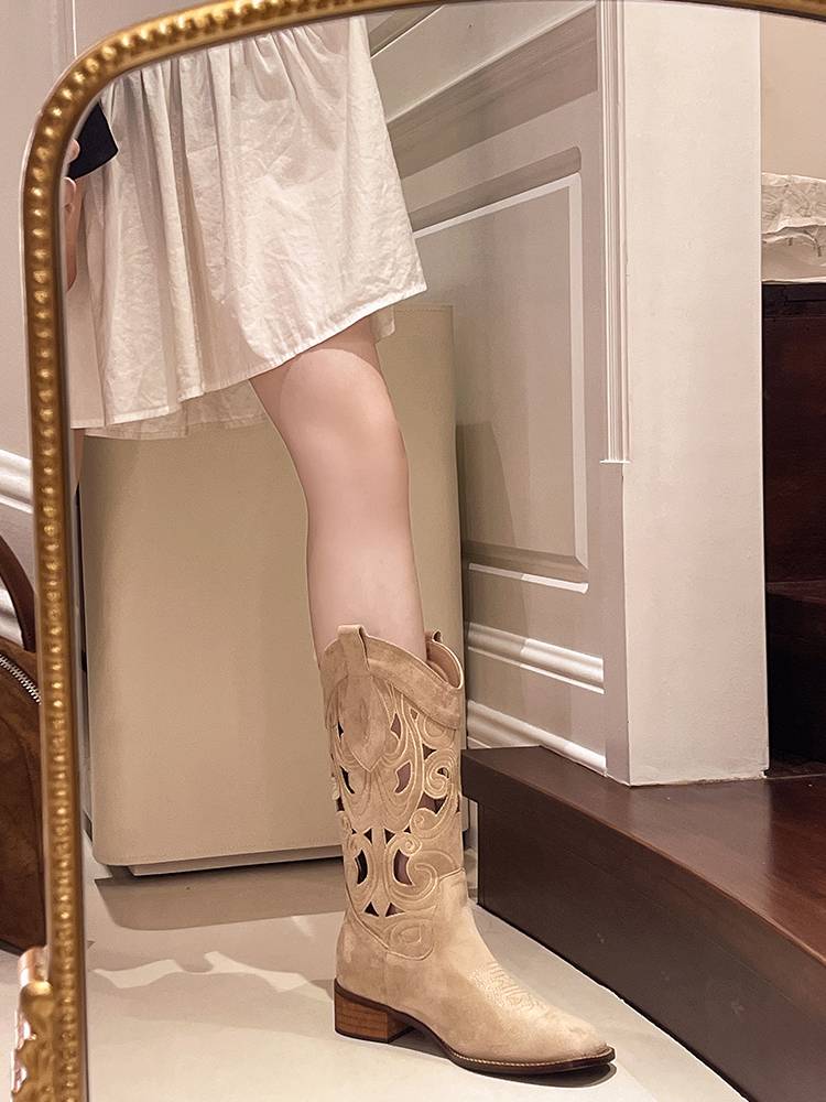 Embroidery hollow western denim boots female 2024 new summer boots square head V