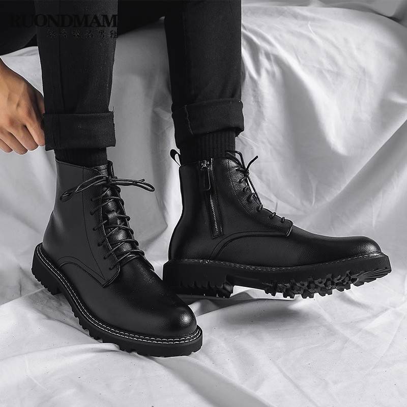 Ruondmam leather Martin boots men's winter plus velvet high -top shoes in British gangs in British boots