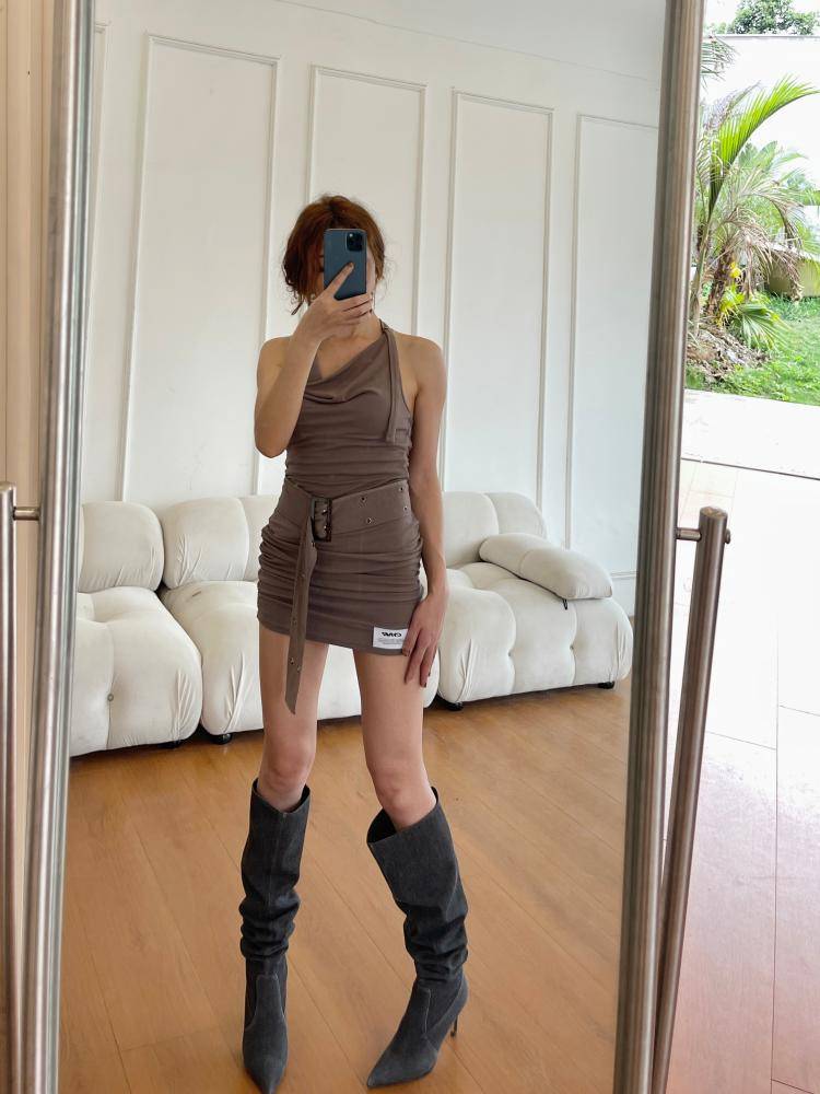 Song Xixi American -style waste soil boot children retro hot girl denim boots fine heel pointed pile boots wide tube boots