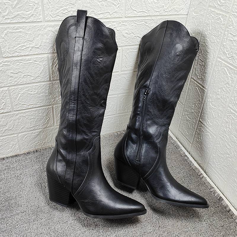 Ethnic Western Boots Women's Rough Heights Fashion Boot 2024 Autumn Piece Poop high -headed high boots large size