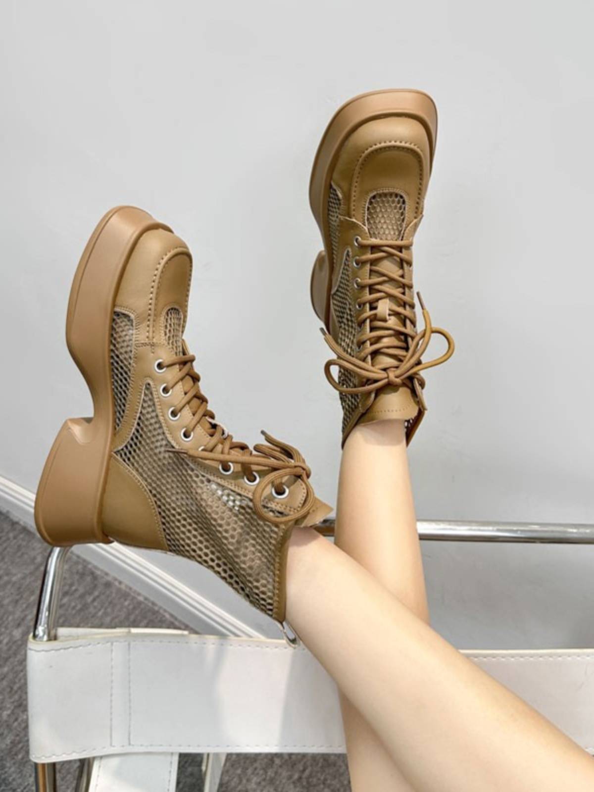 Guidi Fame square head hollow Martin boots female summer thin net yarn breathable boots leather thick sole boots female