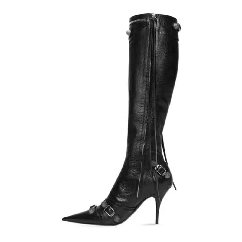 Polarized rivet boots 23 new European and American thin -heeled girl high -heeled motorcycle boots zipper 7cm fashion high boots