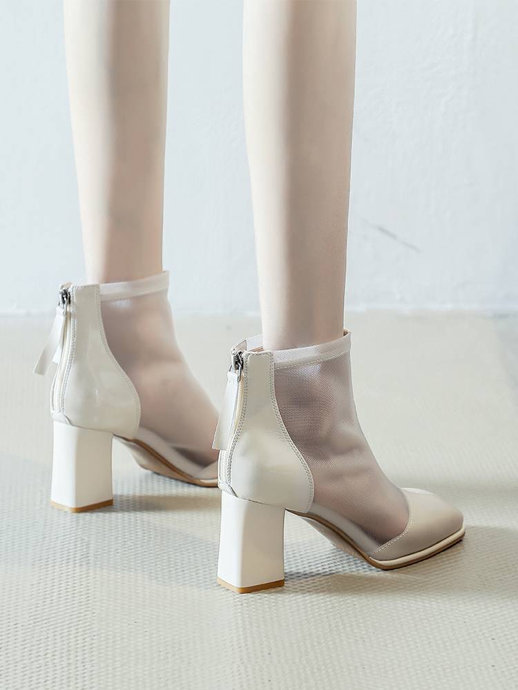 Net yarn coarse heel boots Children in spring and summer high -heeled hollow boots 2023 new breathable beige Martin single boots