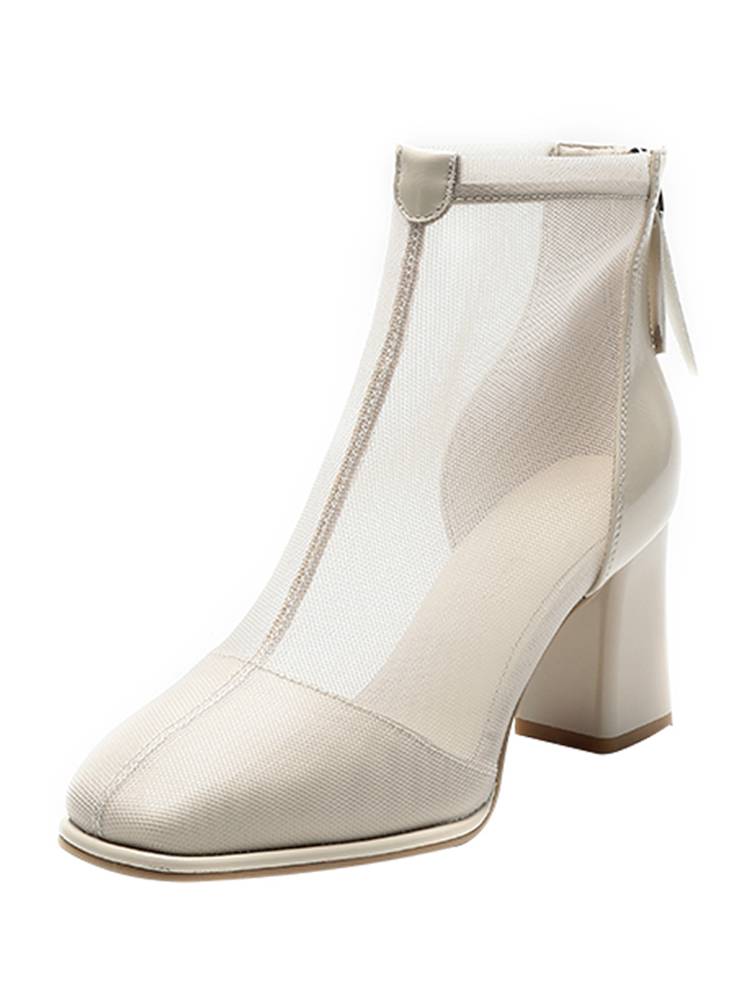 Net yarn coarse heel boots Children in spring and summer high -heeled hollow boots 2023 new breathable beige Martin single boots