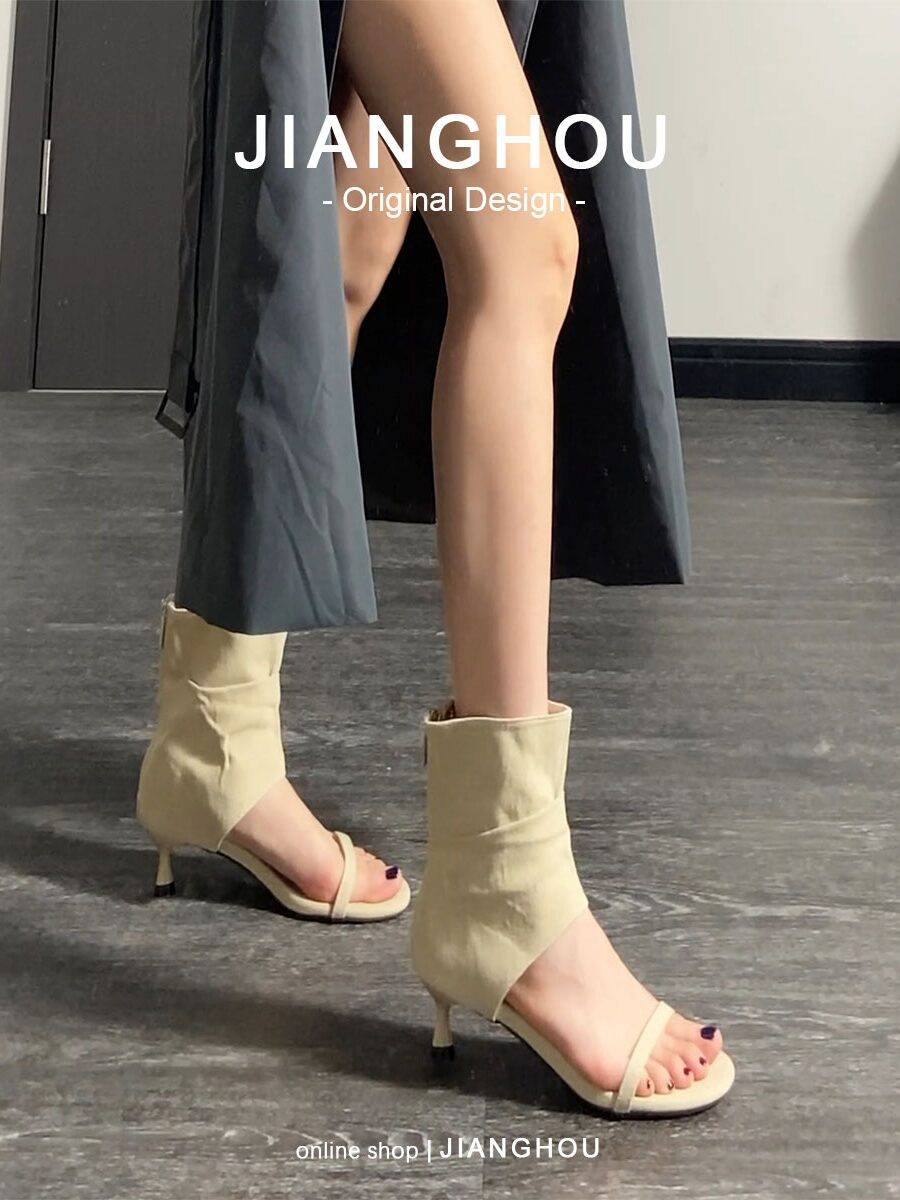 Sheepskin version ~ toe juper -boots, small people with high words, exposed toe high heels, summer fashion temperament short boots