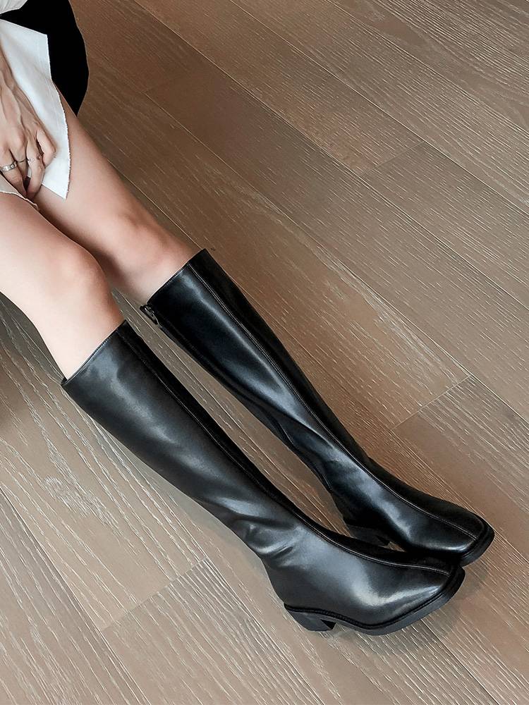 2024 new leather knight boots women's boots in autumn and winter Martin boots high boots brown horse boots flat bottom boots