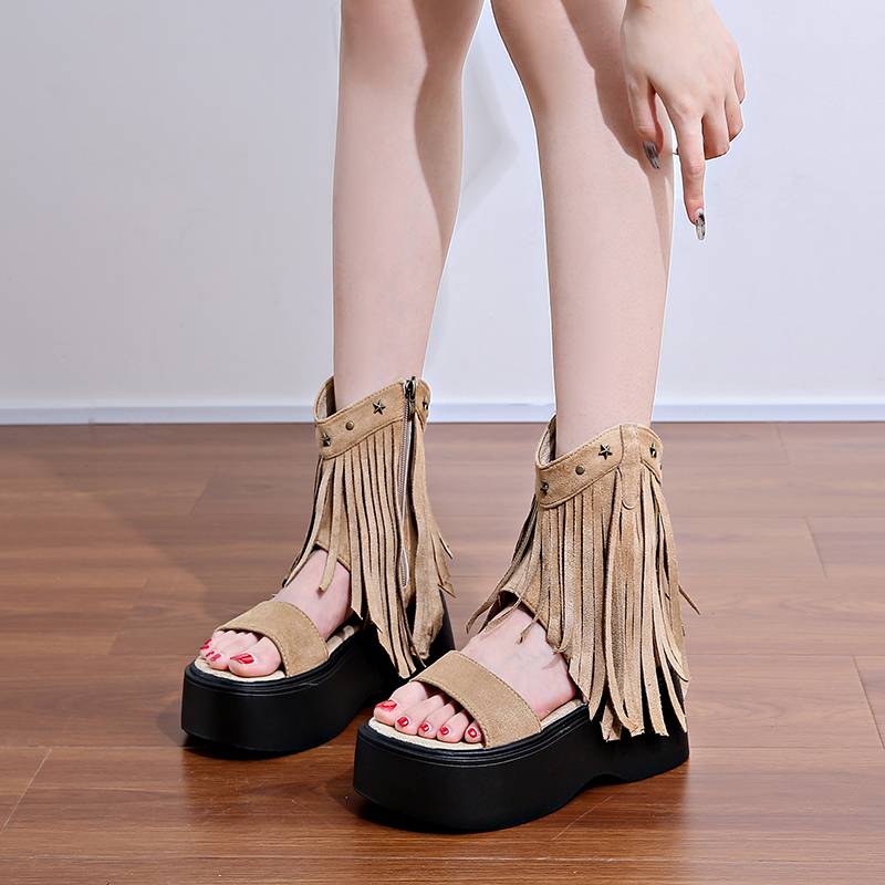 Thick -soled rivet flowers 2024 Summer off -toed western denim boots versatile and thin Marad Roman boots