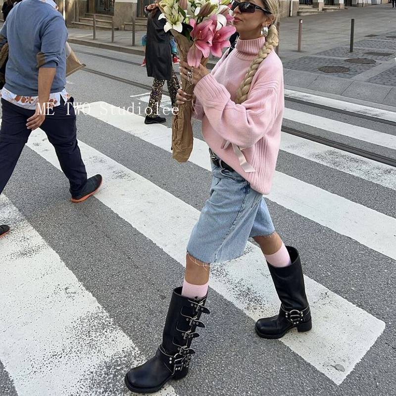 Miu's boots and belt buckle thick heel knight boots female retro but knee long boots punk Western denim boots