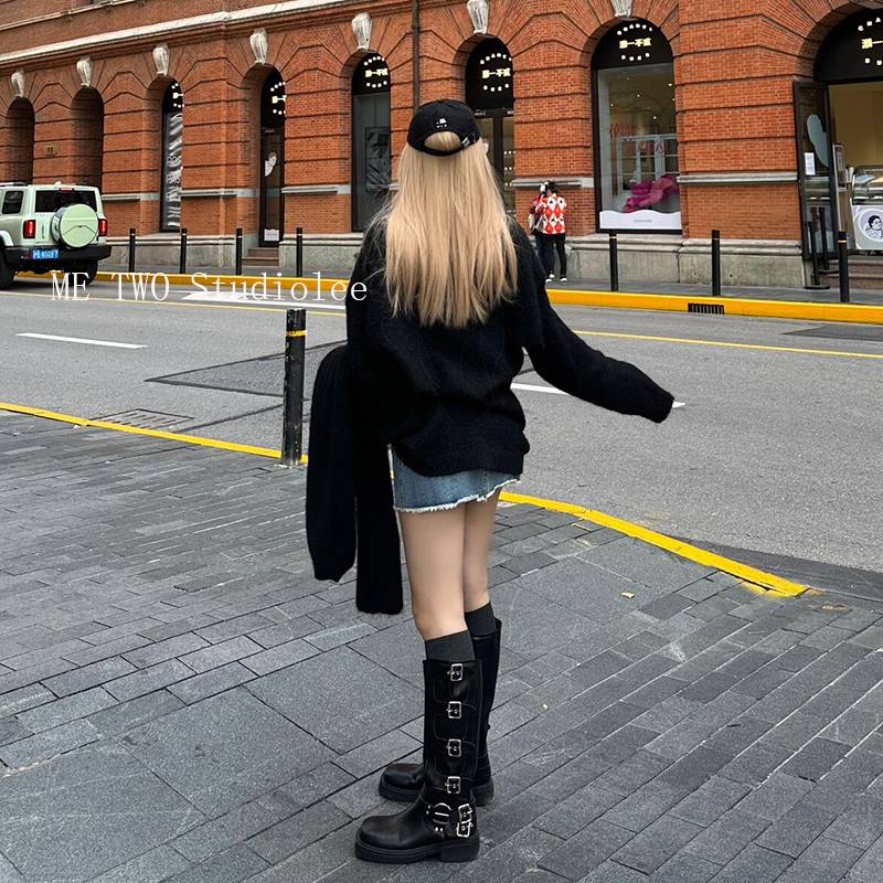 Miu's boots and belt buckle thick heel knight boots female retro but knee long boots punk Western denim boots