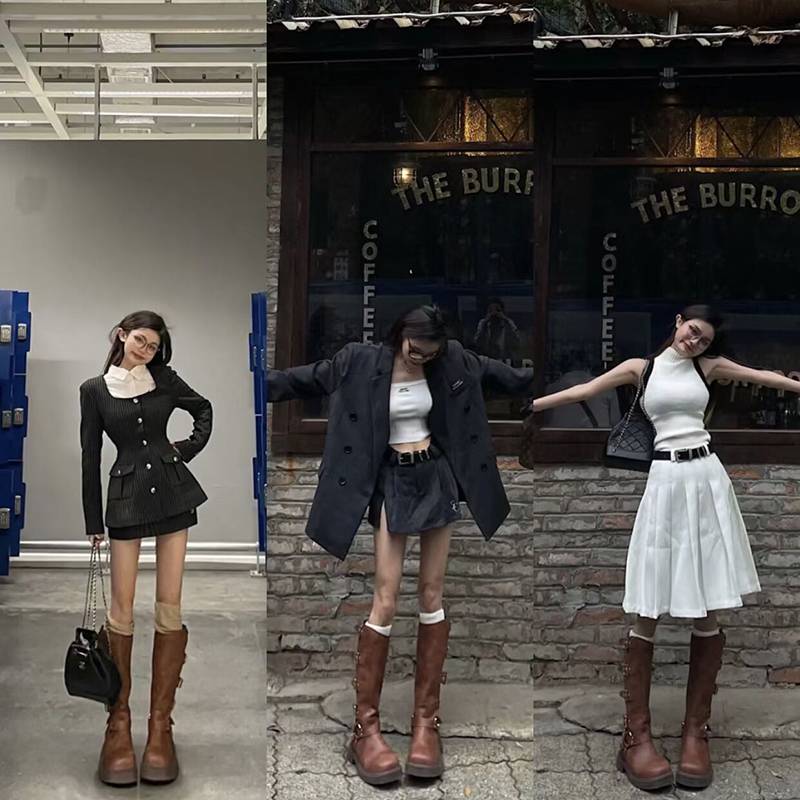 Miu's boots and belt buckle thick heel knight boots female retro but knee long boots punk Western denim boots