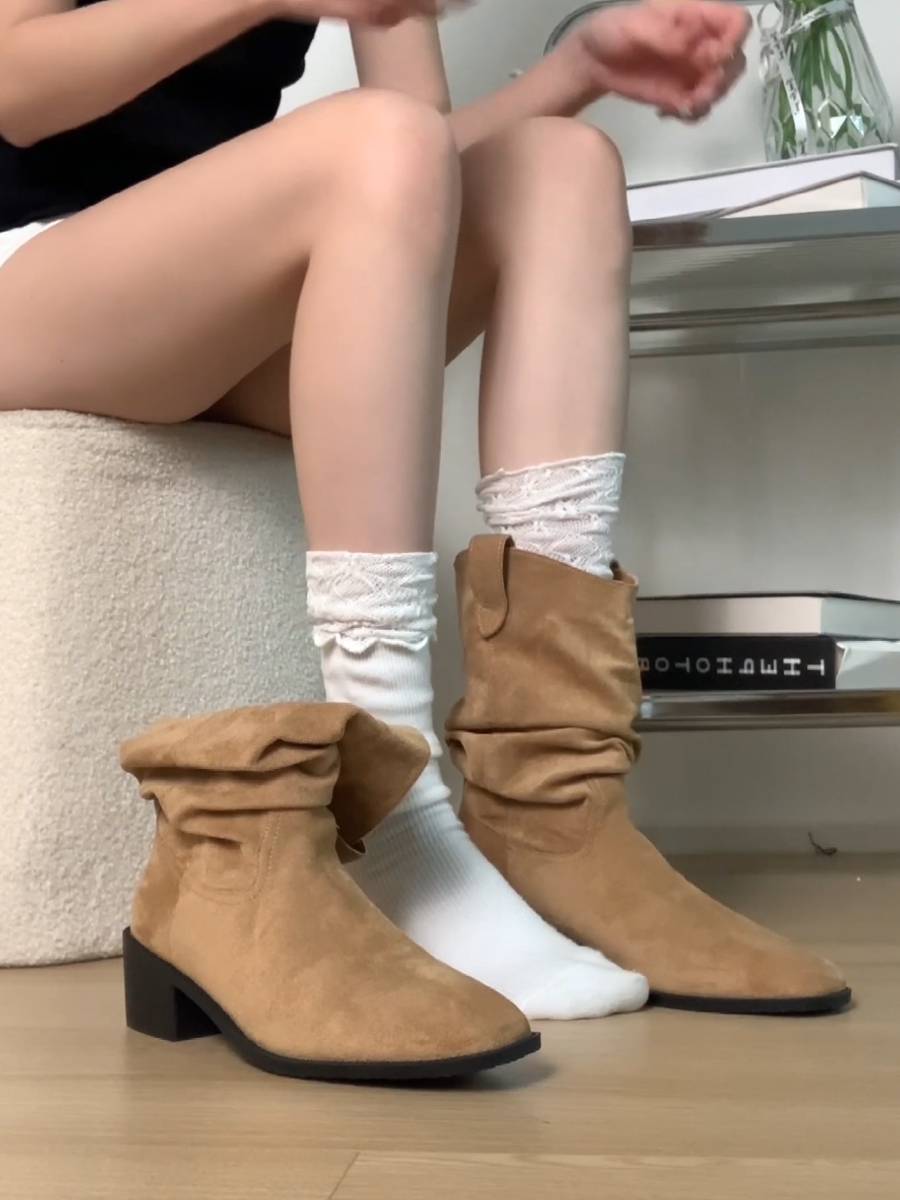 Cowhide version ~ Western denim boots dermis surface thick heel round -mouth round sleeve retro style thin temperament short boots female women