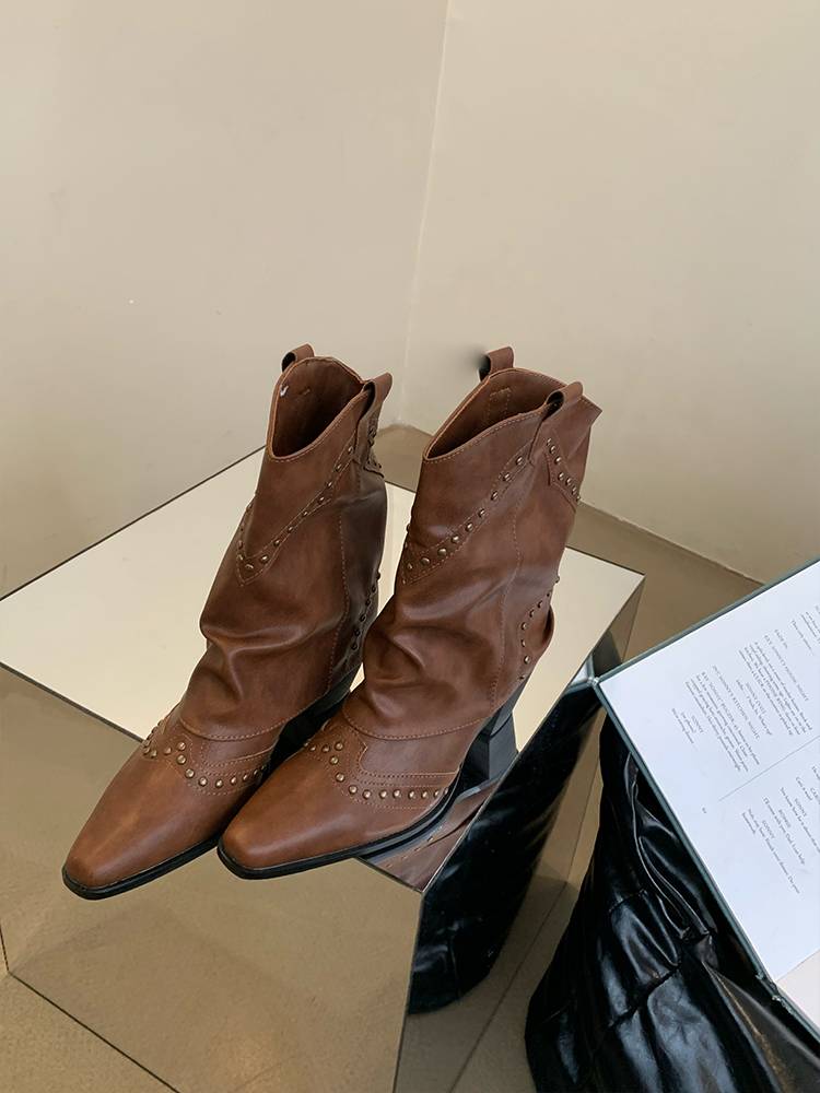 Retro rivet short pants pipe boots female 2023 new spring and autumn boots wild western denim boots knight boots