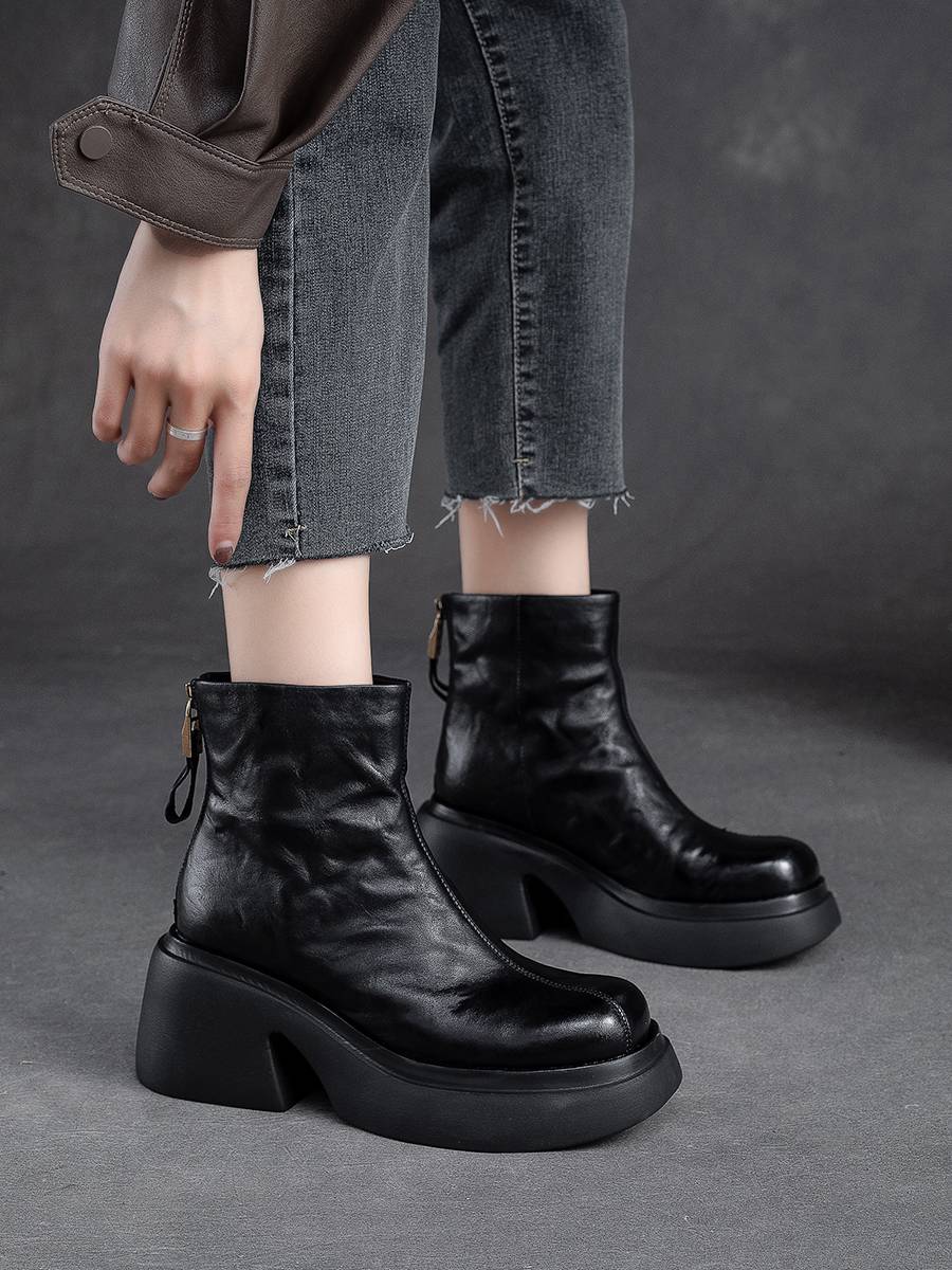 Autumn and winter new thick -bottomed handsome Martin boots back zipper British wind retro head layer cowhide boot waterproof platform horse boots