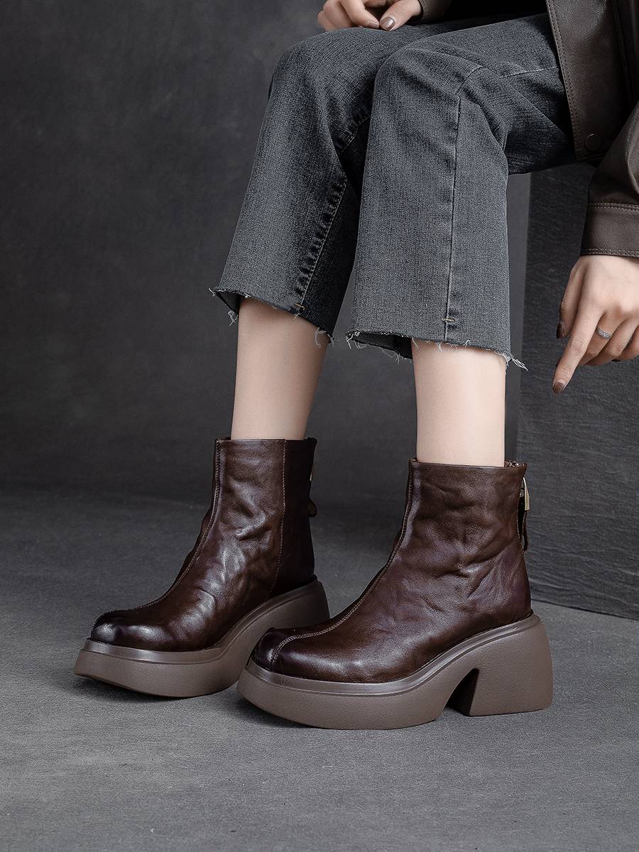 Autumn and winter new thick -bottomed handsome Martin boots back zipper British wind retro head layer cowhide boot waterproof platform horse boots