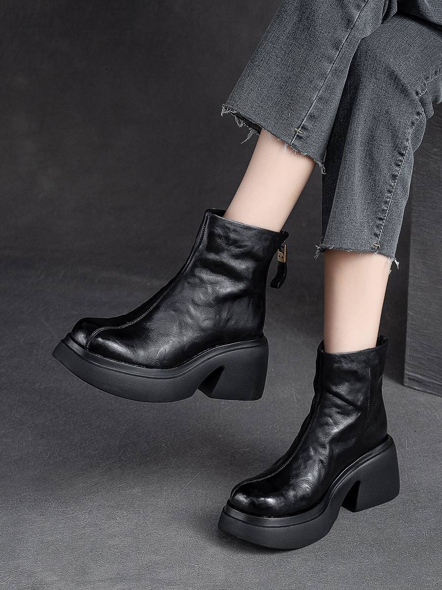 Autumn and winter new thick -bottomed handsome Martin boots back zipper British wind retro head layer cowhide boot waterproof platform horse boots