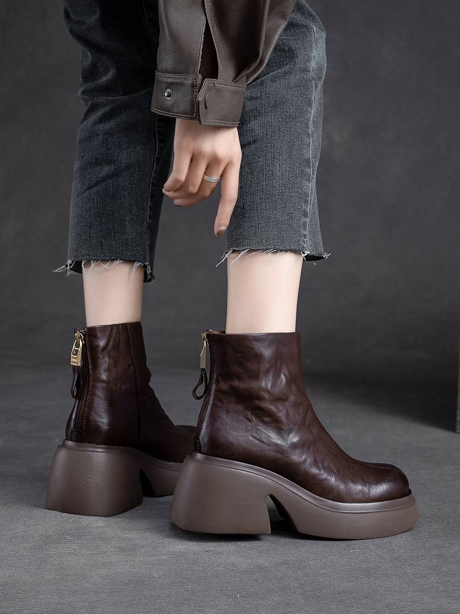 Autumn and winter new thick -bottomed handsome Martin boots back zipper British wind retro head layer cowhide boot waterproof platform horse boots