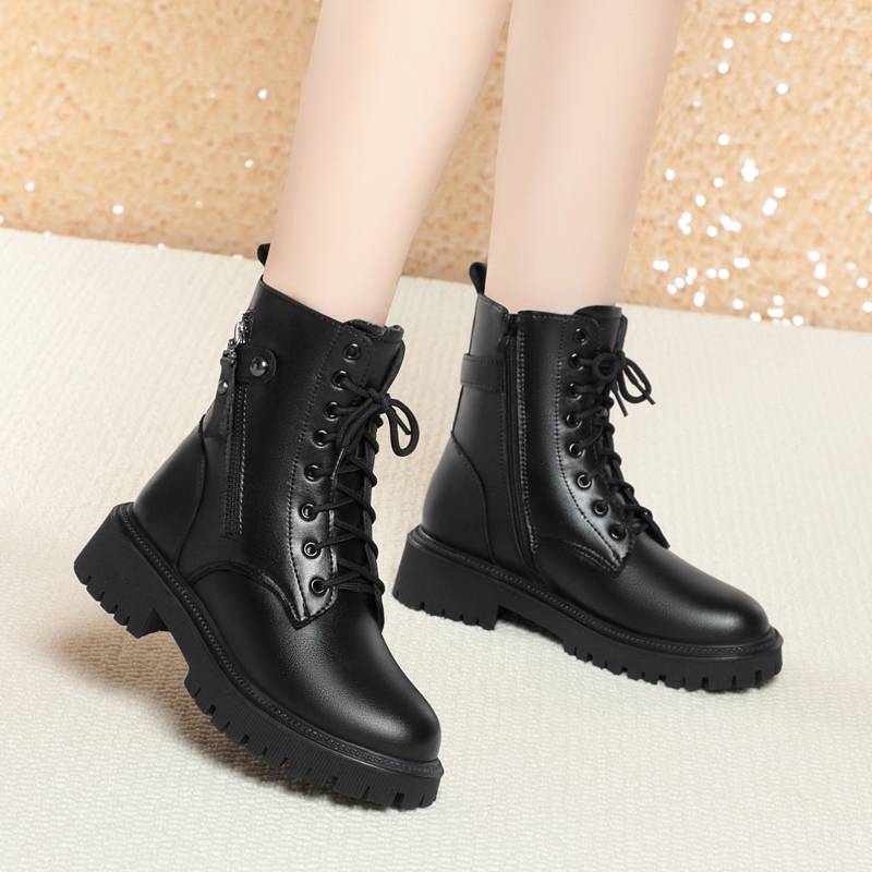 2023 Winter new leather Korean version of Martin boots warm and velvet wool short boots