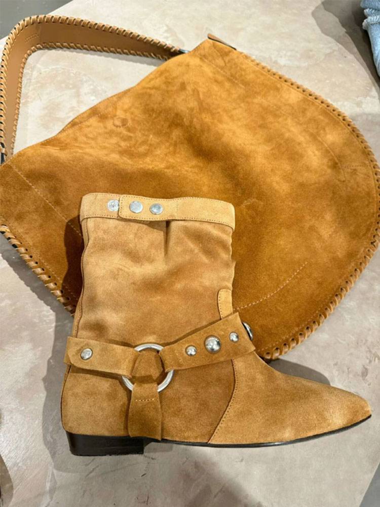 Carolt leather flat bottom short tube western boots retro style European and American summer thin rivet boots female Martin boots