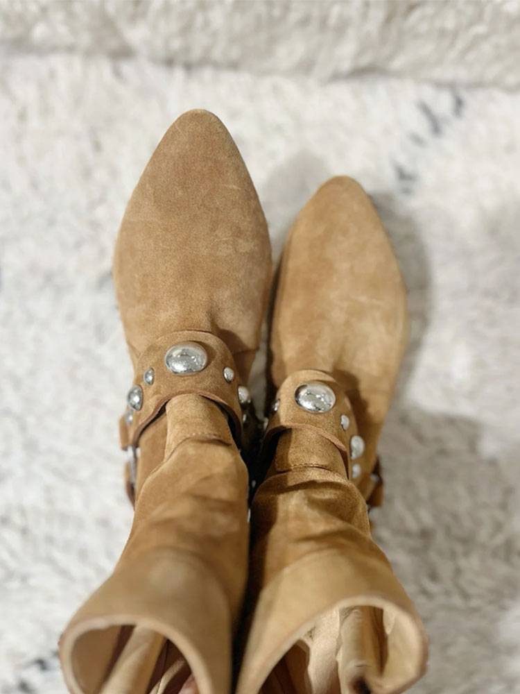 Carolt leather flat bottom short tube western boots retro style European and American summer thin rivet boots female Martin boots