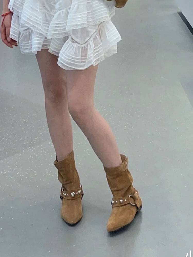 Carolt leather flat bottom short tube western boots retro style European and American summer thin rivet boots female Martin boots
