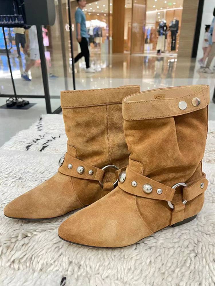 Carolt leather flat bottom short tube western boots retro style European and American summer thin rivet boots female Martin boots