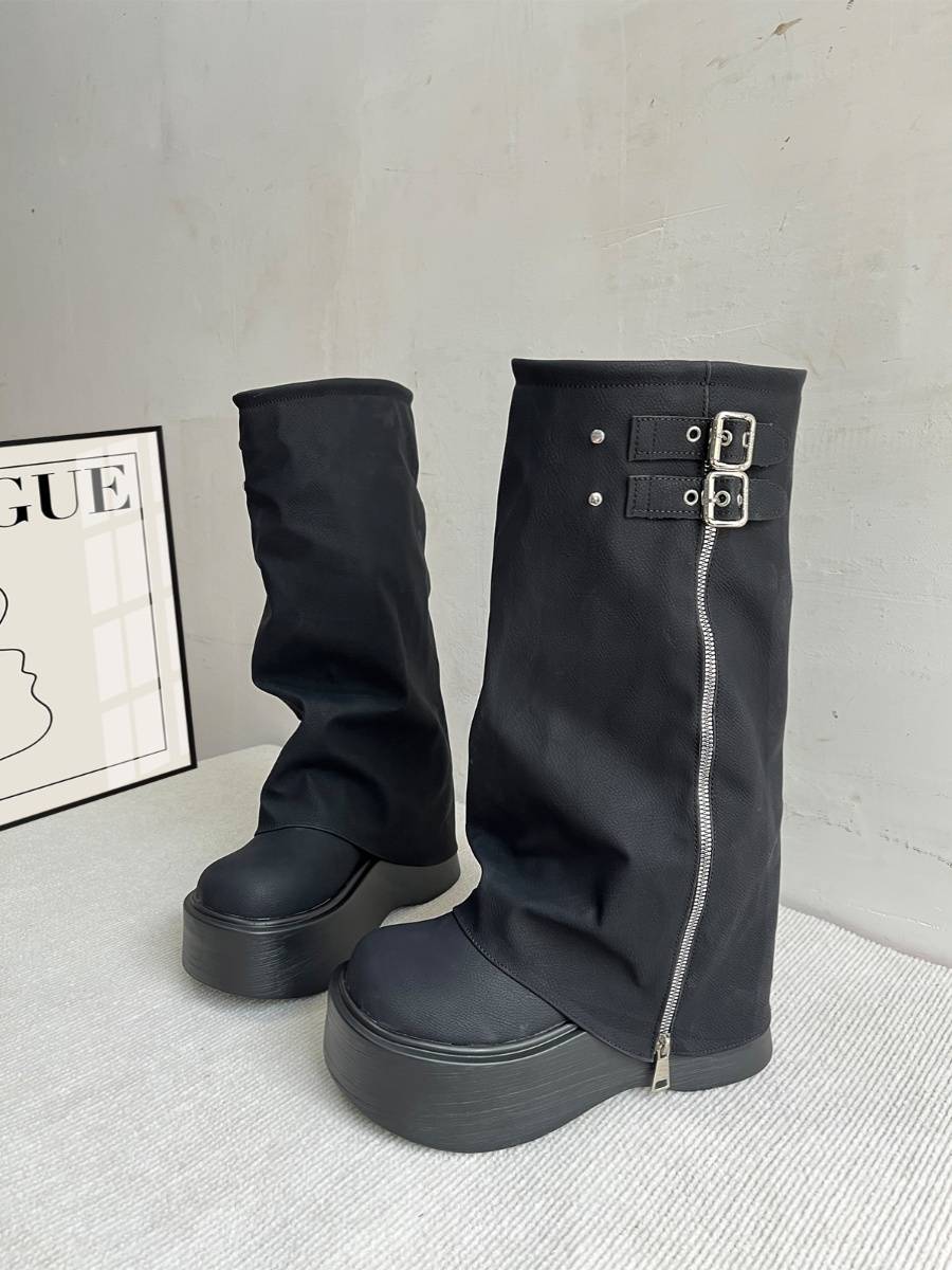 Leather big head pants pipe boots sweet and cool hot girl pile boots thick soles of western boots, but knee long boots high tube knight boots