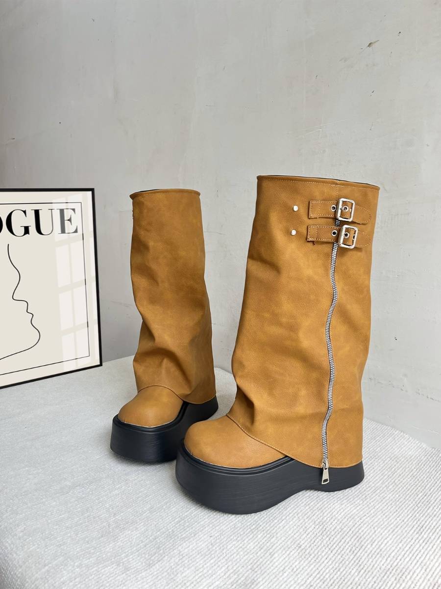 Leather big head pants pipe boots sweet and cool hot girl pile boots thick soles of western boots, but knee long boots high tube knight boots