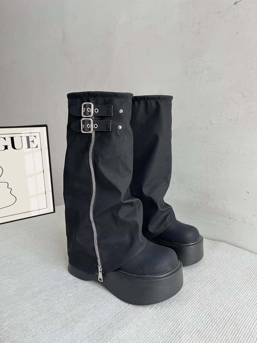 Leather big head pants pipe boots sweet and cool hot girl pile boots thick soles of western boots, but knee long boots high tube knight boots
