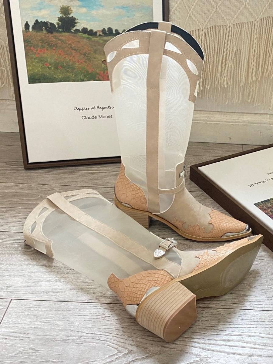 2024 Summer new retro European and American style, transparent embroidery long tube pointed head western denim boots high heels, rough boots women